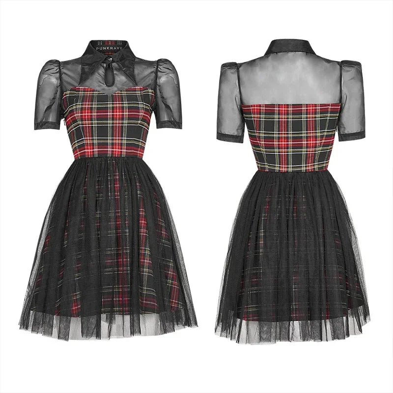 Pointed Collar Mesh Yoke Plaid Organza Overlay Flared Gothic Mini Dress