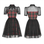 Pointed Collar Mesh Yoke Plaid Organza Overlay Flared Gothic Mini Dress