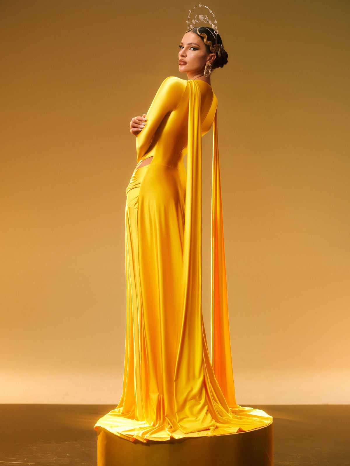 Sequin Embellished Long Sleeve Deep V-Neck Maxi Dress