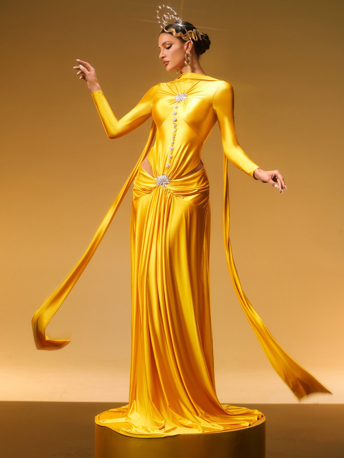 Sequin Embellished Long Sleeve Deep V-Neck Maxi Dress