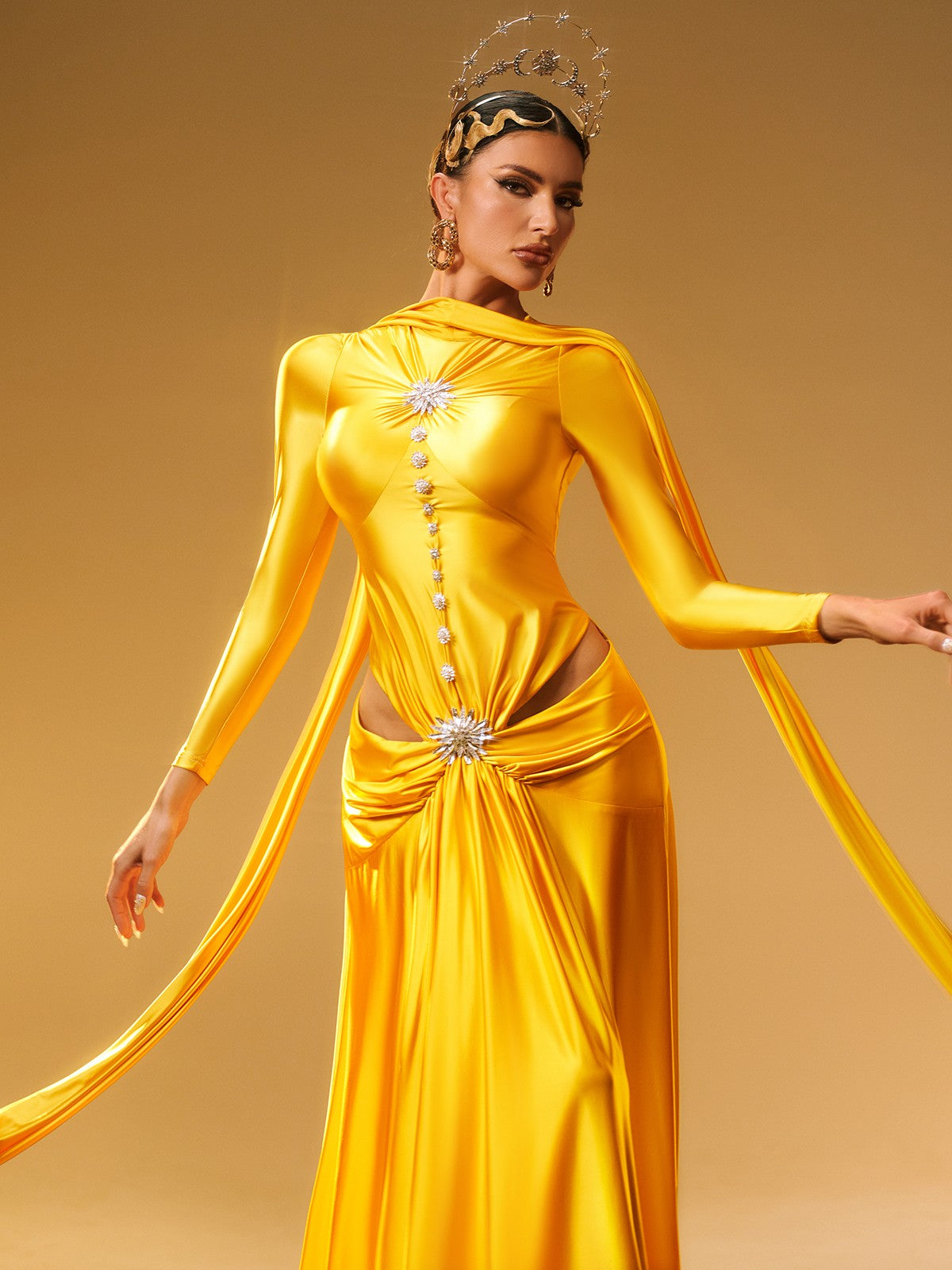 Sequin Embellished Long Sleeve Deep V-Neck Maxi Dress