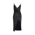 Glitter Spaghetti Strap Chain Strap Deep V-Neck Ruched Wrap High Split Mini Dress