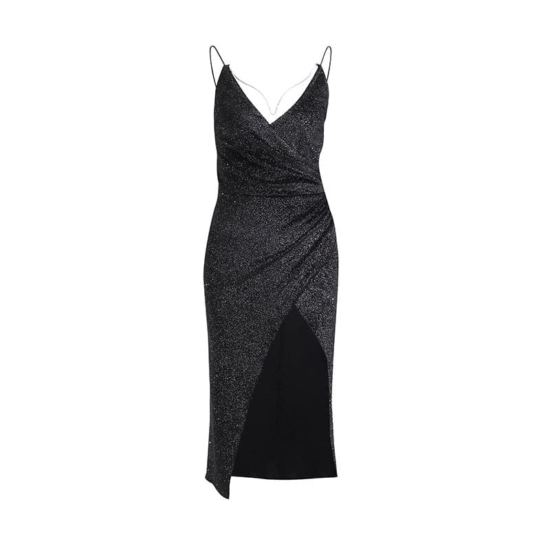 Glitter Spaghetti Strap Chain Strap Deep V-Neck Ruched Wrap High Split Mini Dress