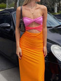 Strapless Twist Front Cut Out Midriff Ruched Side Bodycon Midi Dress