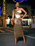 Strapless Sweetheart Metallic Mesh One Shoulder Drape Midi Dress