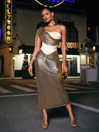 Strapless Sweetheart Metallic Mesh One Shoulder Drape Midi Dress
