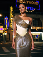 Strapless Sweetheart Metallic Mesh One Shoulder Drape Midi Dress