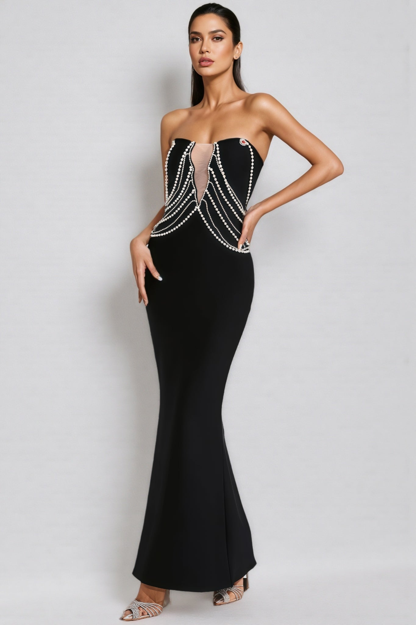 Vaughn Black Pearls Off Shoulder Maxi Dress