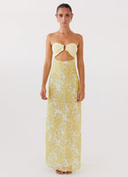 Strapless Ring Hardware Midriff Cutout Floral Print Tiered Maxi Dress