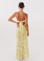 Strapless Ring Hardware Midriff Cutout Floral Print Tiered Maxi Dress