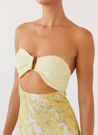 Strapless Ring Hardware Midriff Cutout Floral Print Tiered Maxi Dress