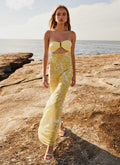 Strapless Ring Hardware Midriff Cutout Floral Print Tiered Maxi Dress