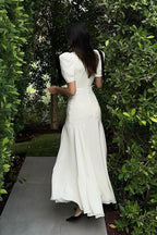Plunging V-Neck Puff Sleeve Shoulder Bow Tie A-Line Maxi Gown