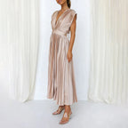 Metallic Sunray Pleated Deep V-Neck Wide Strap Midi Dress