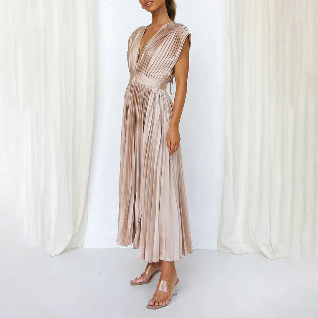 Metallic Sunray Pleated Deep V-Neck Wide Strap Midi Dress