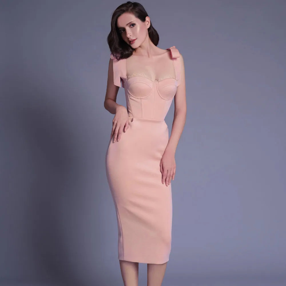 Corset Sweetheart Lace Trim Tie Shoulder Bodycon Midi Dress