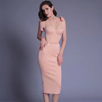 Corset Sweetheart Lace Trim Tie Shoulder Bodycon Midi Dress