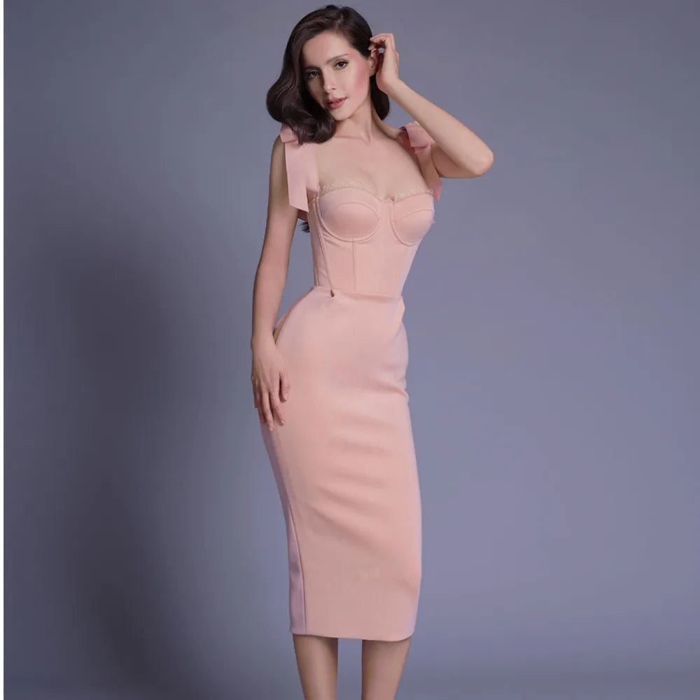 Corset Sweetheart Lace Trim Tie Shoulder Bodycon Midi Dress