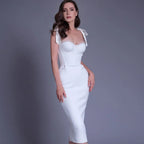 Corset Sweetheart Lace Trim Tie Shoulder Bodycon Midi Dress