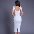 Corset Sweetheart Lace Trim Tie Shoulder Bodycon Midi Dress