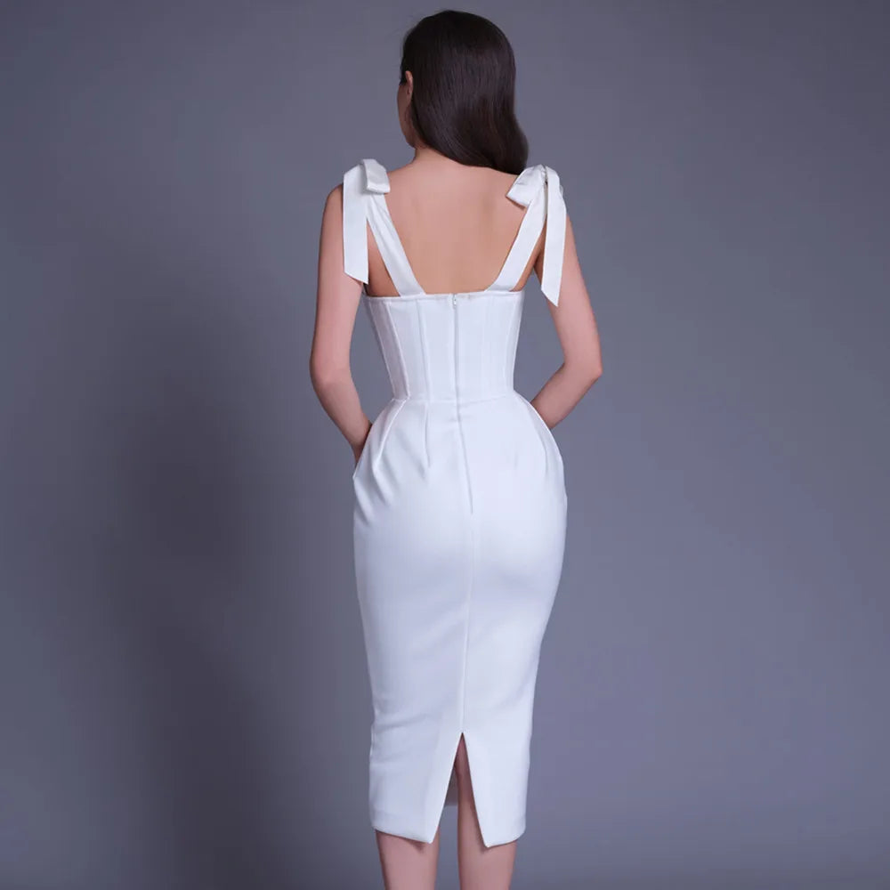 Corset Sweetheart Lace Trim Tie Shoulder Bodycon Midi Dress