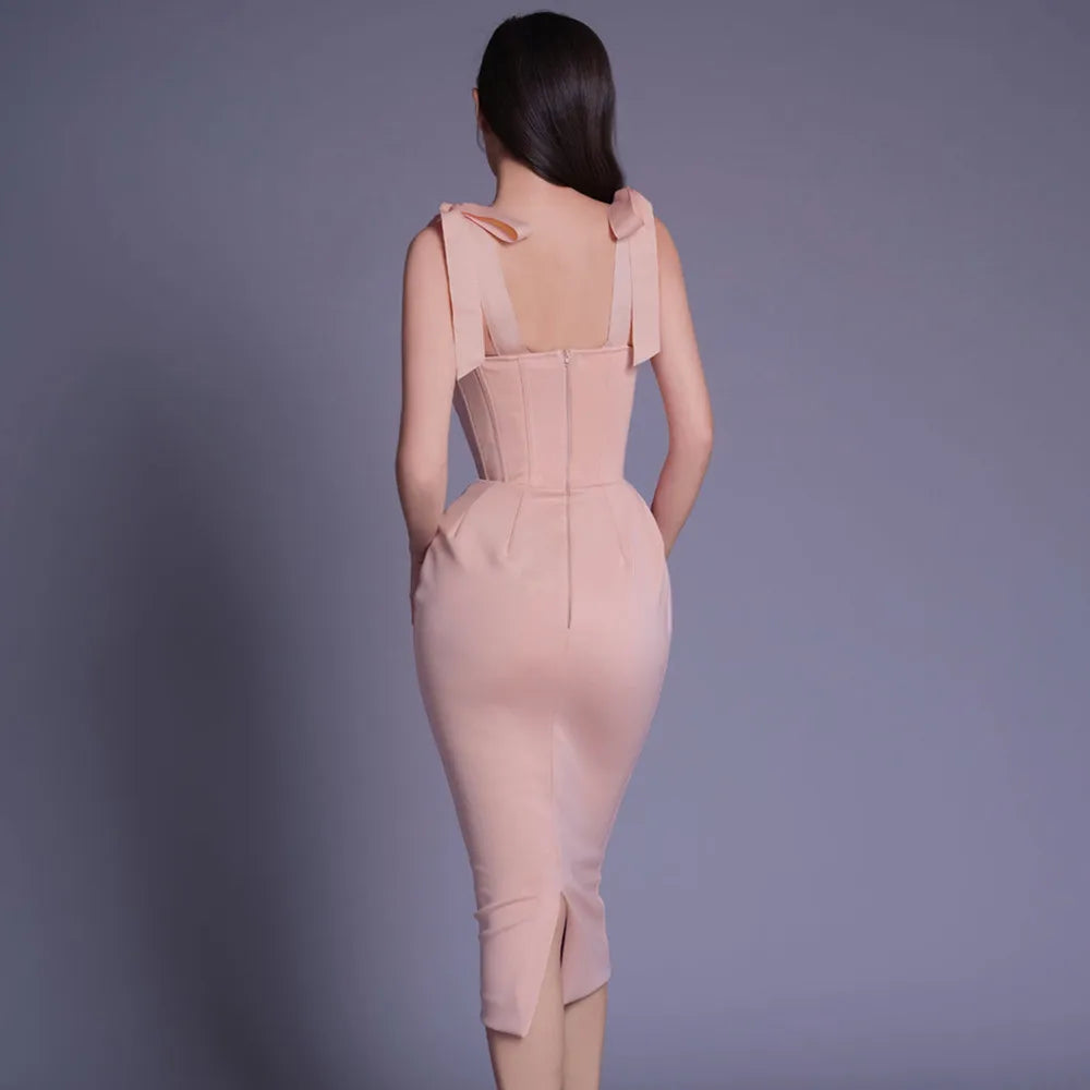 Corset Sweetheart Lace Trim Tie Shoulder Bodycon Midi Dress