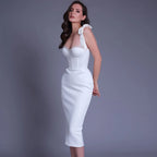 Corset Sweetheart Lace Trim Tie Shoulder Bodycon Midi Dress