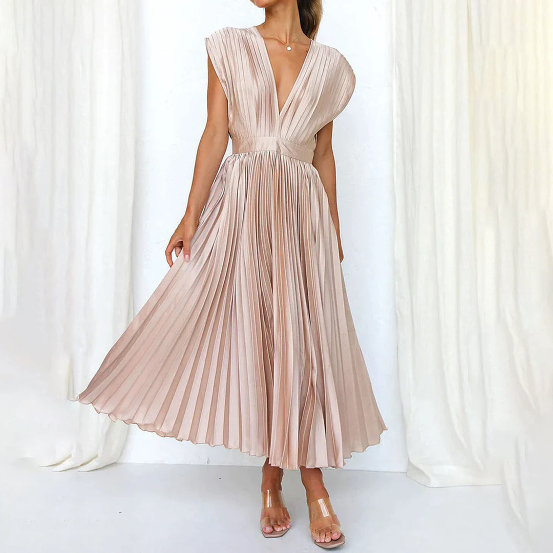 Metallic Sunray Pleated Deep V-Neck Wide Strap Midi Dress