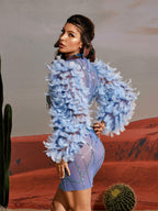 Feather Sleeve Beaded Rhinestone Mesh Illusion Neck Bodycon Mini Dress