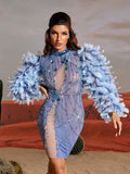 Feather Sleeve Beaded Rhinestone Mesh Illusion Neck Bodycon Mini Dress