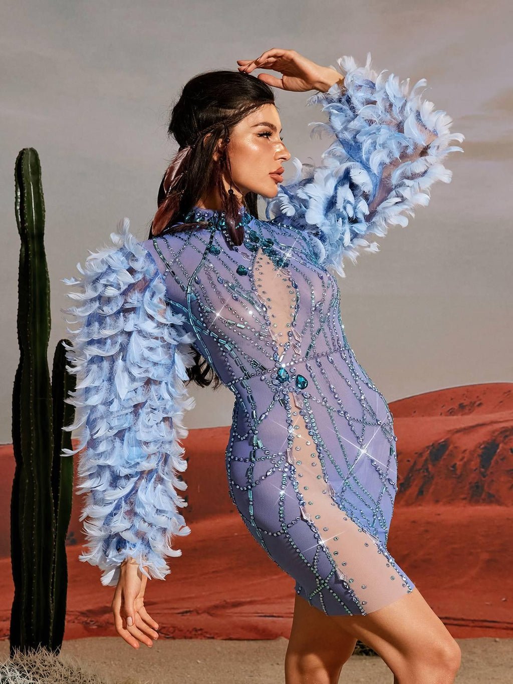 Feather Sleeve Beaded Rhinestone Mesh Illusion Neck Bodycon Mini Dress