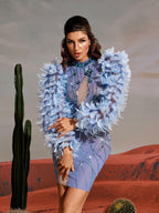 Feather Sleeve Beaded Rhinestone Mesh Illusion Neck Bodycon Mini Dress