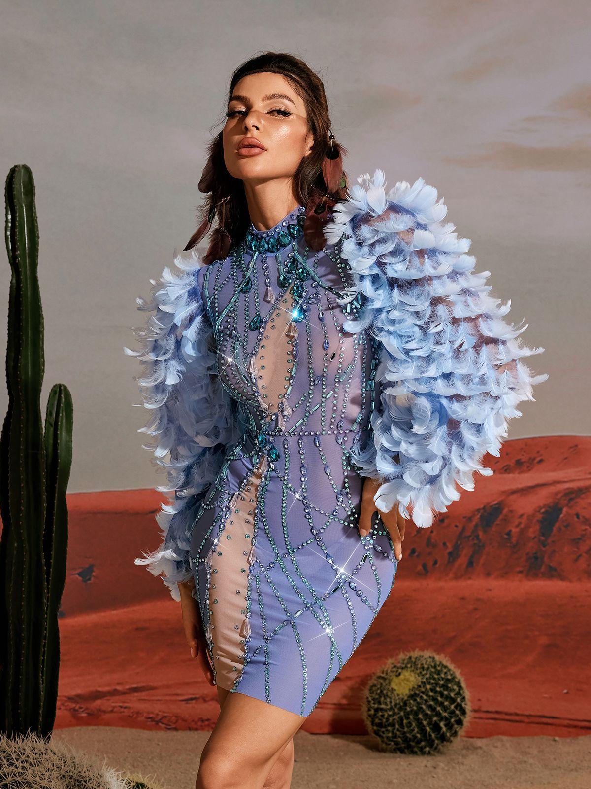 Feather Sleeve Beaded Rhinestone Mesh Illusion Neck Bodycon Mini Dress