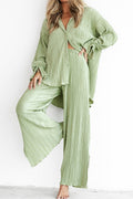 Pleated Blouse Slit Long Pants Set