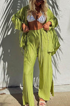 Pleated Blouse Slit Long Pants Set