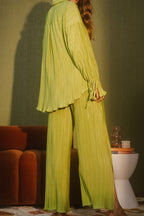Pleated Blouse Slit Long Pants Set