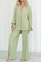 Pleated Blouse Slit Long Pants Set