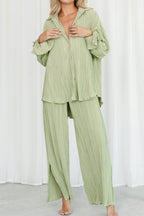 Pleated Blouse Slit Long Pants Set