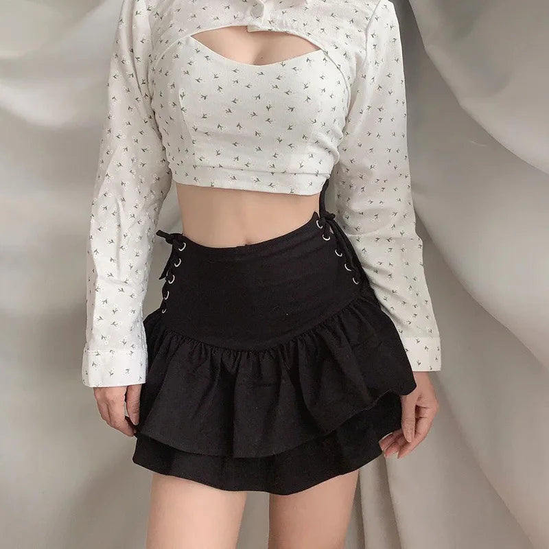 Tiered Ruffle Lace Up Side Panel High Waist Mini Skirt