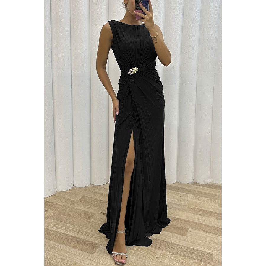 Pleated Split Casual Dress Sleeveless Dress Evening