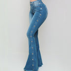 DressBetty - Blue Washed Flare Denim Mom Jeans Skinny Side Stripe High Waisted Sequined Pant