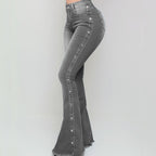 DressBetty - Blue Washed Flare Denim Mom Jeans Skinny Side Stripe High Waisted Sequined Pant