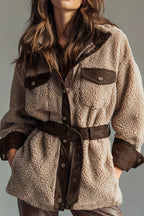 Plush PU Patchwork Belted Retro Coat