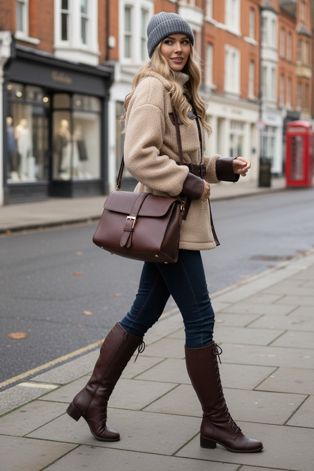 Plush PU Patchwork Belted Retro Coat