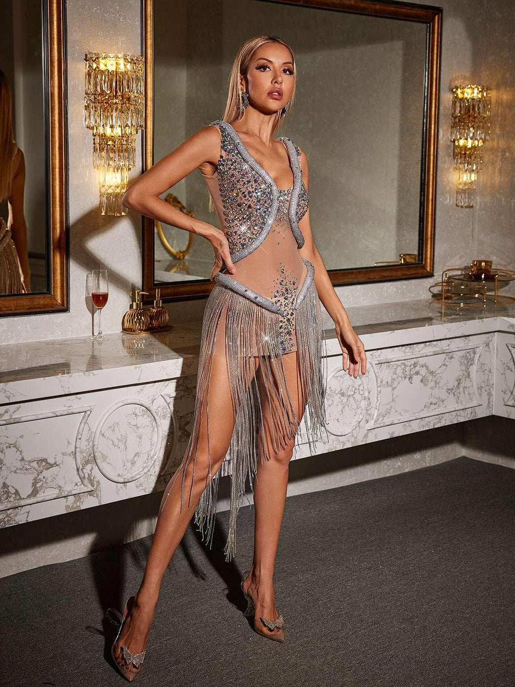 Rhinestone Mesh Deep V-Neck Chain Fringe Mini Dress