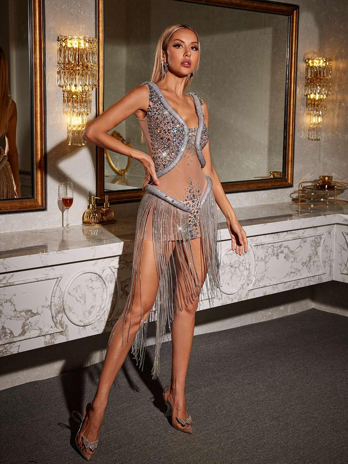 Rhinestone Mesh Deep V-Neck Chain Fringe Mini Dress