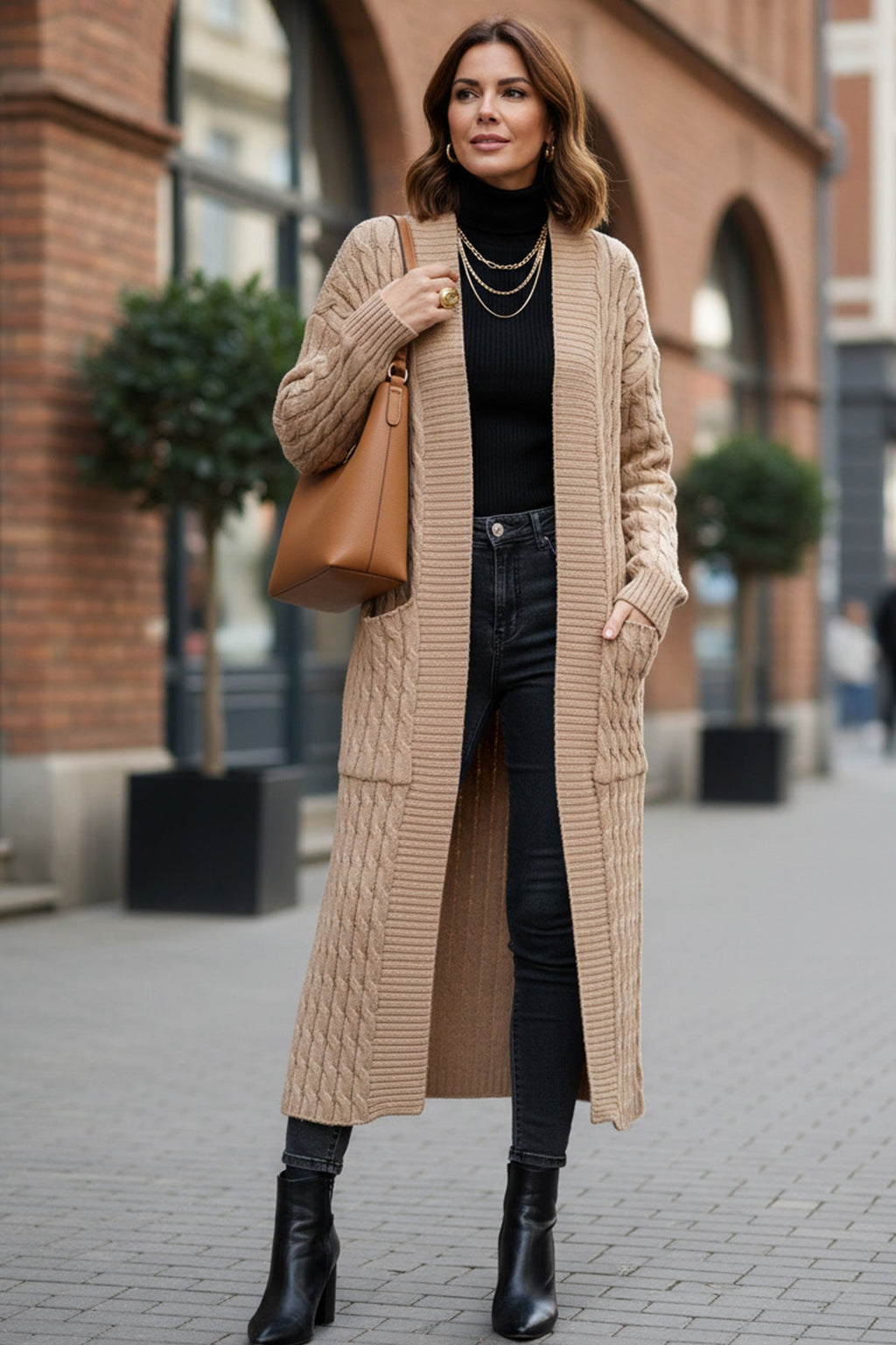 Pocketed Cable Knit Long Cardigan