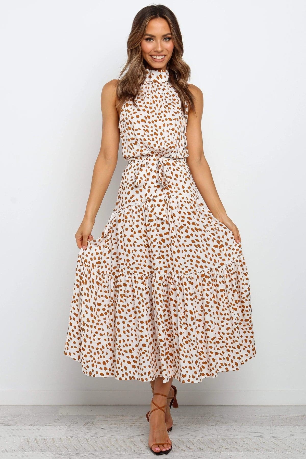 Halter Neck Belted Tiered Floral Print Maxi Dress