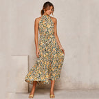 Halter Neck Belted Tiered Floral Print Maxi Dress