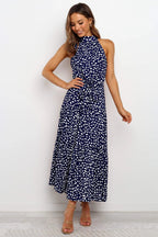 Halter Neck Belted Tiered Floral Print Maxi Dress